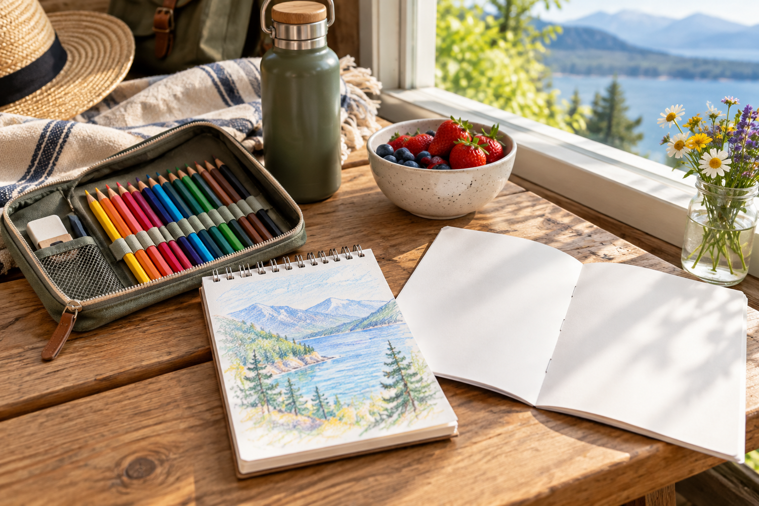 Carnet vierge, crayons et petite trousse rangés sur une table près d’une fenêtre — illustration générée.